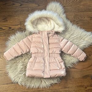 Pink Kids Winter Coat with Faux Fur Hood
